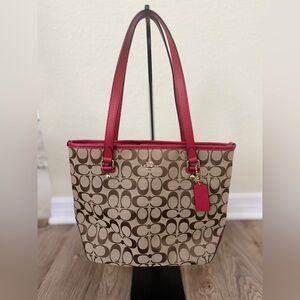 Coach Signature Canvas Tote with Red Trim